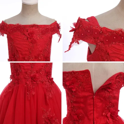 Vista 4 de IDOPIP Vestido de tul de princesa con cuentas y hombros descubiertos para niña de flores, vestido formal de dama de honor, boda, fiesta, para niños