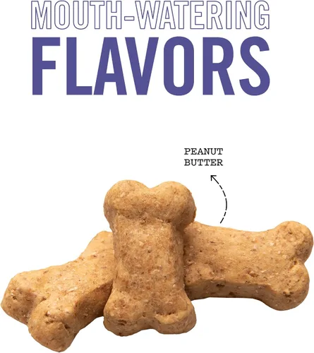 Vista 3 de Three Dog Bakery Crunchy Itty Bitty Bones, sabor a mantequilla de maní, golosinas prémium para perros, caja de 13 onzas