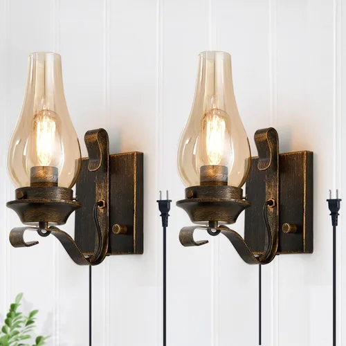 Vista 11 de Yisuro Aplique de Pared con Cable, Aplique de Pared de Bronce Cepillado con Cable para Interior, Lámparas de Pared Retro Rústicas con Vidrio Ámbar