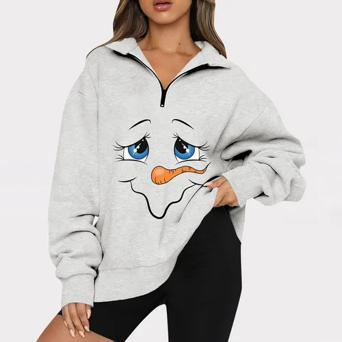 Vista 2 de Sudadera de gran tamaño para mujer, suéter de Navidad con cremallera de un cuarto, sudadera de forro polar para Navidad, media cremallera, suéter