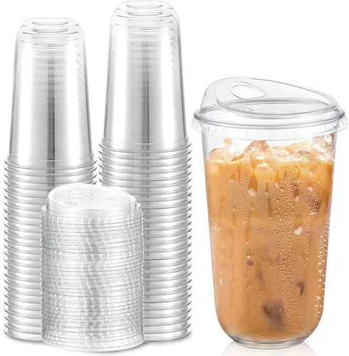 Vista 12 de Baderke 100 vasos de plástico con tapas para sorber, fondo redondo, vasos de café de plástico desechables con tapas, tazas de cristal transparentes