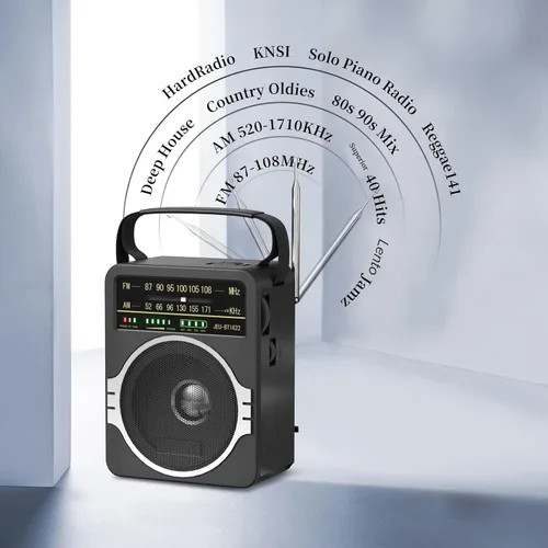Vista 2 de JEUJUG Radio AM FM portátil, Radio Bluetooth 5.0 de 5 Watts con altavoz, Radio FM con batería recargable incorporada/Batería DC D*4 de celdas Negro