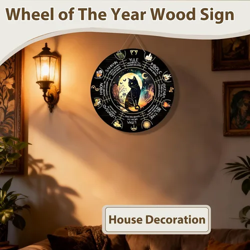 Vista 2 de Rueda del Año - Placa de madera de 30 cm, símbolos paganos de Sabbats, runas de brujas, tabla grabada en madera, vacaciones wiccanas, calendario