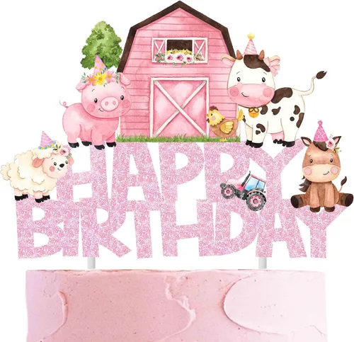 Vista 2 de Decoración rosa para tartas de animales de granja, animales de granja, decoración de fiesta de cumpleaños, decoración de pastel de cumpleaños