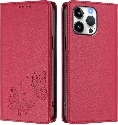 Vista 4 de Butterfly Embossed Leather Wallet Flip Case for Motorola Moto E22i 4G, Magnetic Closure, RFID Blocking Cover, Card Holder Red.