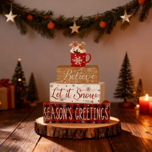 Vista 3 de 4 piezas de decoraciones navideñas para interiores - Decoración de mesa de madera de cacao para el hogar - Centro de mesa navideño para la mesa