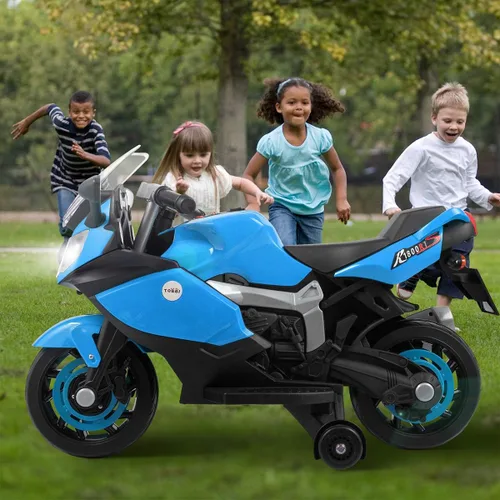 Vista 2 de JAXPETY Motocicleta de paseo para niños de 6 V con rueda de entrenamiento, motocicleta eléctrica a batería para niños de 3 a 8 años, incluye faros