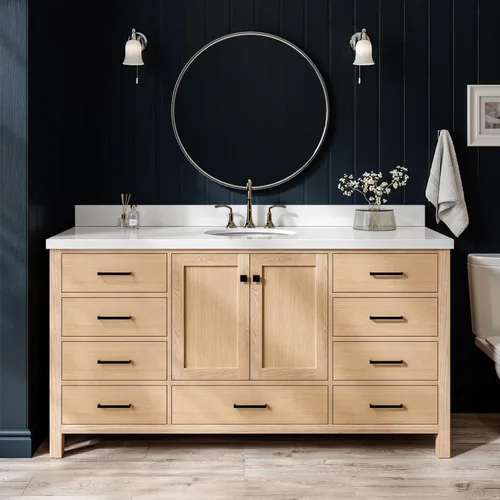 Vista 30 de ARIEL Cambridge tocador de baño con fregadero, madera maciza, encimera y protector contra salpicaduras de cuarzo blanco puro de 1.5 pulgadas
