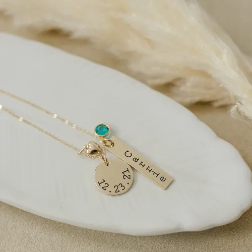 Vista 9 de Collar de piedra natal con nombre personalizado relleno de oro de 14 quilates, joyería de piedra natal del día de la madre, colgante de mamá