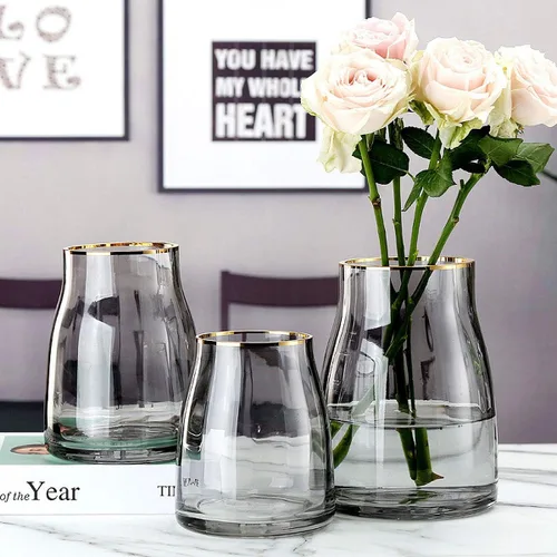 Vista 5 de VanEnjoy Florero de cristal gris simple transparente de 7 pulgadas, jarrón decorativo con borde dorado, decoración del hogar para centro de mesa