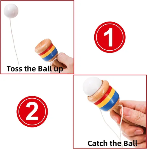 Vista 5 de Cididu Juego de 12 pelotas de madera para atrapar, mini pelota de madera con taza de cuerda, juguetes vintage para niños, novedosos juegos de fiesta
