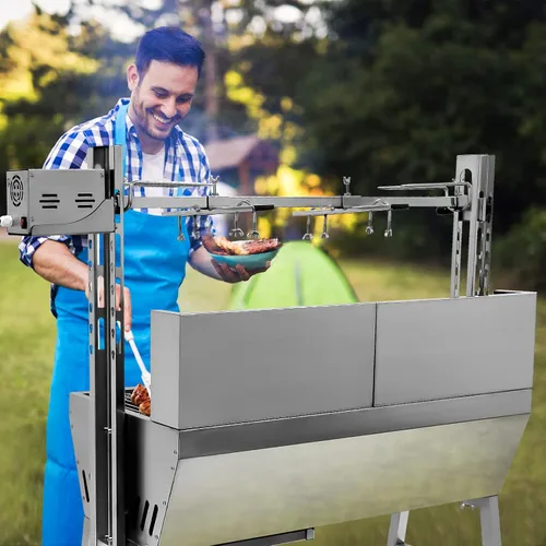 Vista 7 de Asador de acero inoxidable, asador de cordero de cerdo pequeño con motor de 25 W, parrilla asadora de carbón de 37 pulgadas para acampar al aire