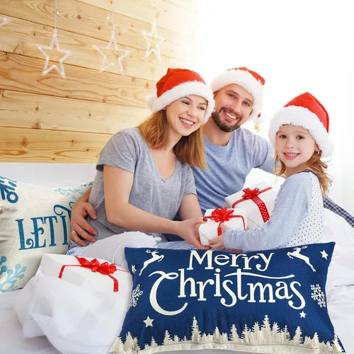Vista 7 de 2 fundas de almohada navideñas de 20 x 12 pulgadas, fundas de almohada de lino con texto en inglés "Merry Christmas and Let It Snow", fundas