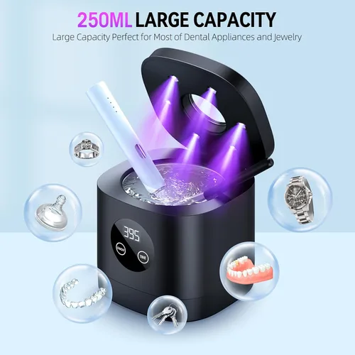 Vista 7 de TEBAL Limpiador ultrasónico de retenedores, limpiador ultrasónico de dentaduras postizas de 52 kHz para protectores bucales, frenos, cabezales