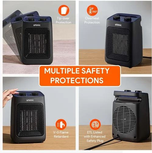 Vista 6 de shinic Calentador de espacio portátil con termostato, calentador de oficina de cerámica PTC pequeño de 1500 W para uso en interiores, calentamiento
