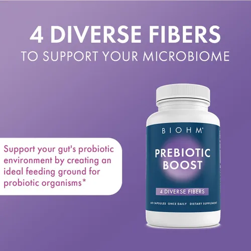 Vista 3 de BIOHM Paquete de prebióticos y probióticos para mujeres, suplemento de fibra con inulina y pectina de manzana en polvo, 60 cápsulas con probióticos