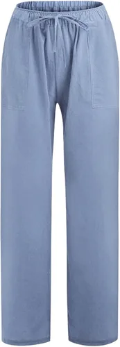 Vista 4 de FUMOOD Pantalón bohemio de lino para mujer, talla pequeña a grande, ligero, cintura alta, pierna ancha, pantalones de yoga, pantalones de gasa