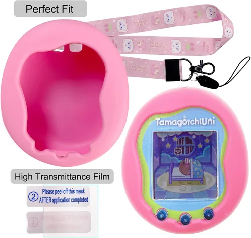 Vista 3 de Funda de silicona, cordón y película protectora de pantalla para máquina de juegos interactiva virtual Tamagotchi Uni (rosa)