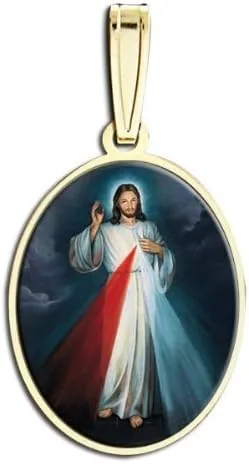 Vista 5 de PicturesOnGold.com Divine Mercy Double Sided Oval Religious Medal Color, Available in Solid 14K Yellow or White Gold, or Sterling Silver