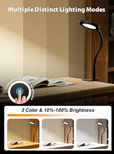 Vista 3 de Luz de lectura con clip negro, luz de libro de 450 LM, CRI95, 3 modos de atenuación continua CRI95 eye-caring LED provides natural lighting for