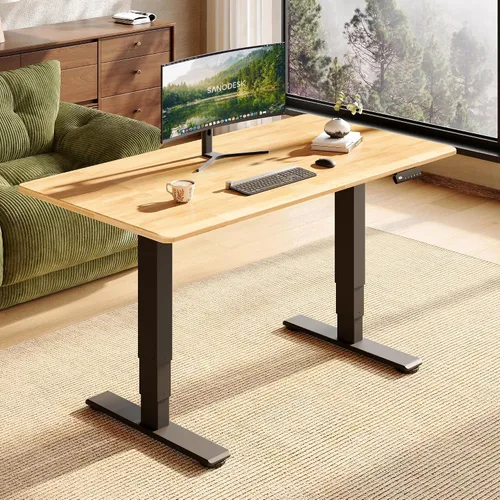 Vista 15 de SANODESK Escritorio de pie de madera maciza de caucho con motor dual 48"x24 Mesa natural + marco blanco