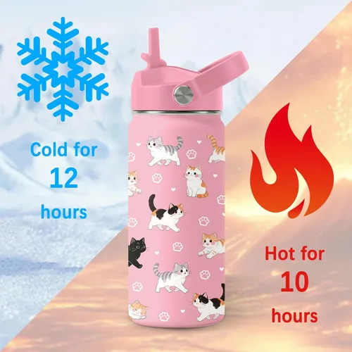 Vista 4 de Botella de agua para gatos, vaso de acero inoxidable de 16 onzas con pajita Rosa gato.
