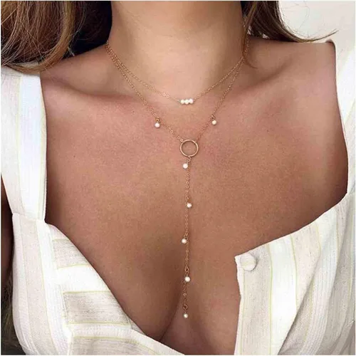 Vista 2 de Collar de perlas de círculo bohemio Lariat de oro largo collar de cadena de perlas pequeñas gargantilla collar de perlas gota cadena Y collar