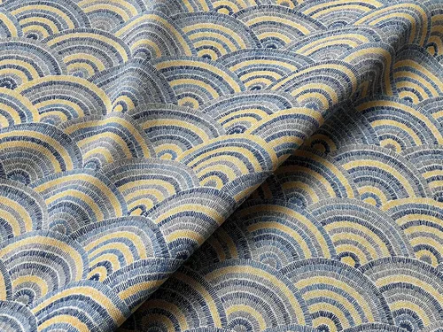 Vista 8 de Rainbow Fan Art Deco - Tela de damasco con abanico de pavo real, muebles, cortinas, material de tapicería, 55 pulgadas de ancho, azul y mostaza