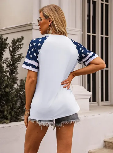 Vista 4 de BANGELY - Camiseta de la bandera americana, camisas patrióticas, camisa de veteranos, raglán, manga corta, rayas y estrellas
