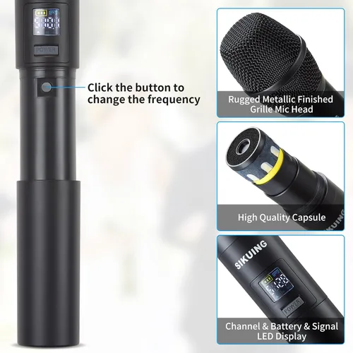 Vista 11 de Sistema de micrófono inalámbrico UHF de 4 canales con micrófonos de auriculares Lavalier, frecuencias ajustables de 4 x 50, ideal para reuniones