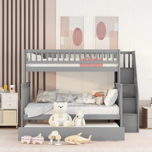 Vista 3 de Harper & Bright Designs Literas de tamaño individual sobre matrimonial, litera con escaleras y nido, literas de madera con estante de almacenamiento