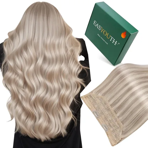 Vista 44 de Easyouth Extensión de cabello humano rubio con cola de caballo, extensiones de cabello humano rubio dorado con reflejos rubios, extensiones