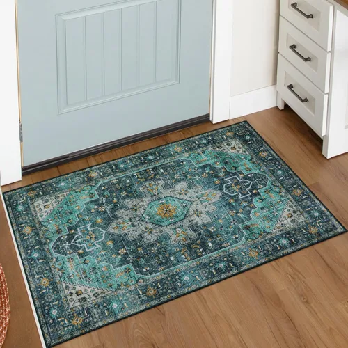 Vista 43 de Moynesa Alfombra ultra fina lavable de 2 x 3 pies, alfombra pequeña de cocina para entrada, interior, antideslizante, tapete vintage para puerta