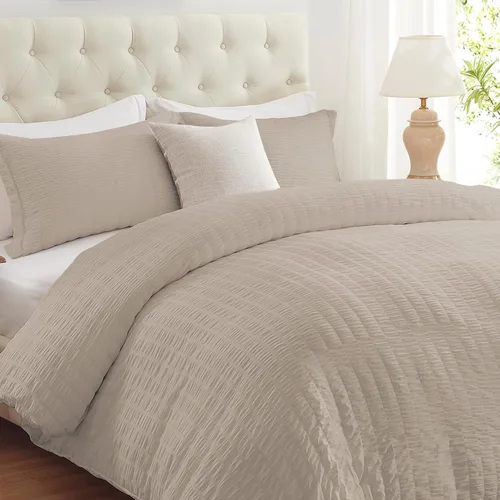 Vista 17 de Cozyide Beige Queen Duvet Cover Set, 3 Pieces Soft Seersucker Queen Size Duvet Cover with Zipper Closure and Corner Ties, 90"x90" Duvet Cover with 2