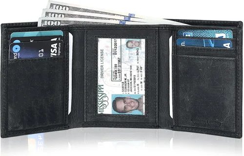 Vista 2 de Real Leather Trifold Wallet For Men - Slim Ultra Thin Tri Fold Front Pocket Minimalist Credit Card Holder ID Window Gift Men