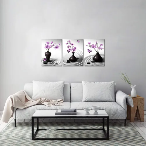 Vista 3 de Kalormore Zen Sand Canvas Wall Art Purple Magnolia Flores en Jarrón Negro Pintura Abstracta Floral Estampados Decoración Arte Contemporáneo