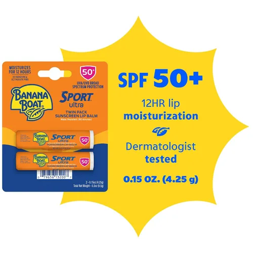Vista 2 de Banana Boat Sport Lip Protector solar SPF 50, 0.15 oz (paquete de 2) Hidratación de 12 horas con protección solar, vitamina E y aloe, resistente