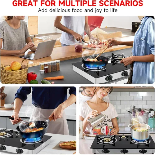 Vista 7 de Cocina de gas propano, estufa de gas de 3 quemadores portátil, vidrio templado de 0.28 pulgadas, encendido automático, 3 quemadores GLP para RV