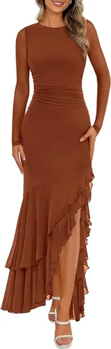 Vista 20 de BTFBM Maxi vestidos de mujer otoño 2026 manga larga vestido de invitada de Café
