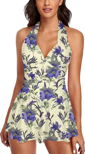 Vista 10 de Omichic Traje de baño tankini halter de dos piezas para mujer, con control de abdomen, cuello en V, con pantalones cortos Negro