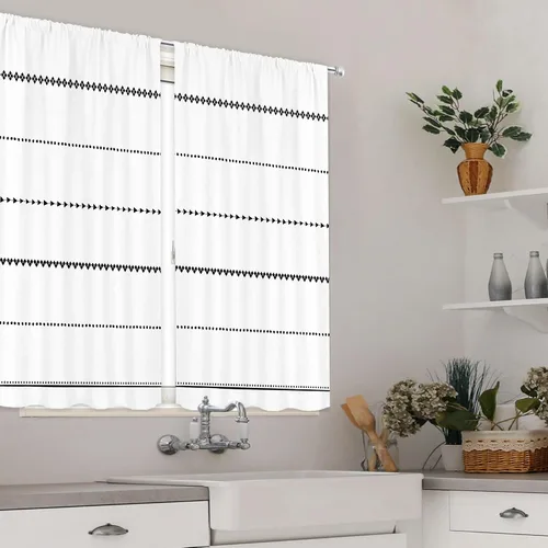 Vista 4 de MESHELLY Boho Kitchen Curtains 27.5Wx39H Inch Rod Pocket Black and White Modern Abstract Minimalist Geometric Tassels Chic Bedroom Window Drapes