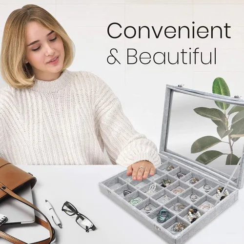 Vista 5 de Bandeja organizadora de brazaletes y joyas, tapa transparente, terciopelo negro, para organizar y ordenar brazaletes, pulseras y relojes, anillos