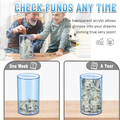Vista 3 de hizgo Alcancía azul transparente para adultos y niños, tarro de ahorro de acrílico no penible, debe romperse para abrir, tamaño mediano