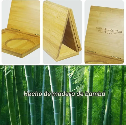 Vista 4 de ZenRich Soporte de madera de bambú para libros, valet de lectura único de rincón de libros con taza, gafas y soporte para bolígrafo/tableta/Kindle.