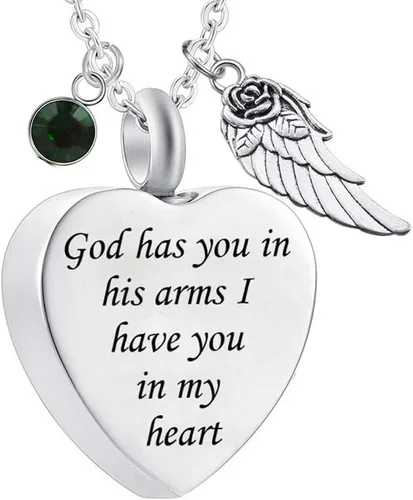 Vista 10 de Dios te tiene en sus brazos con dije de ala de ángel para cenizas de cremación, collar de urna conmemorativa con cristal de piedra natal Abril