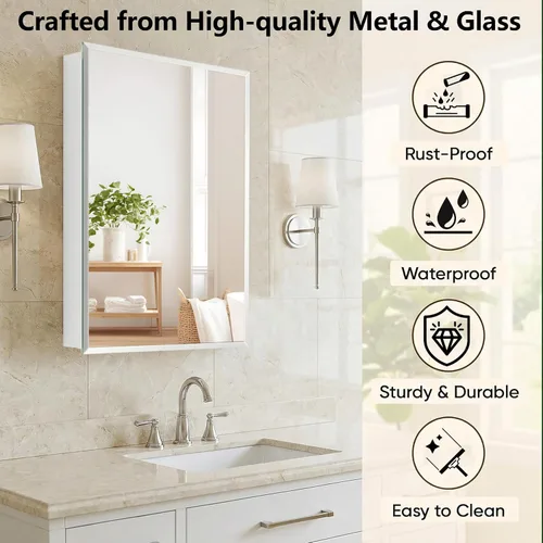 Vista 9 de Botiquín de baño con espejo sin marco, botiquín de 16 x 26 pulgadas con almacenamiento, espejo biselado rectangular sin marco, instalación