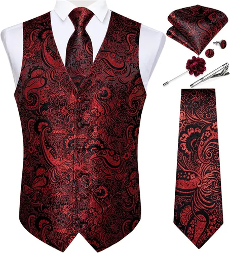 Vista 39 de DiBanGu Juego de chaleco y corbata para hombre, chaleco formal de cachemira y corbata con bolsillo cuadrado y gemelos, de seda, para traje o Verde