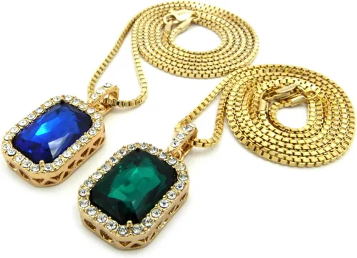 Vista 2 de Mens Iced Out Cadena de Oro Rojo Negro Azul Verde caja de piedra conjunto collar conjunto de 2
