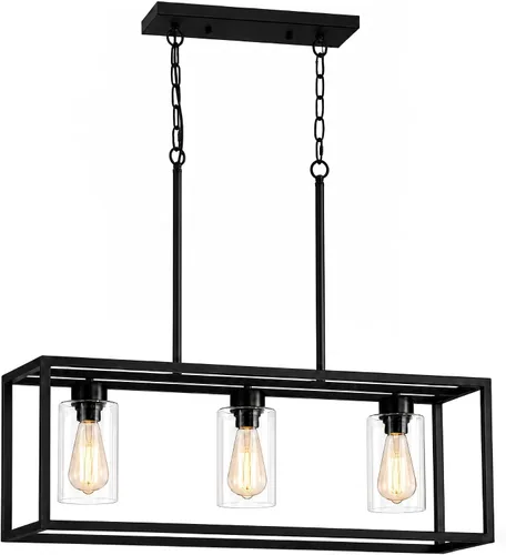 Vista 6 de Lámpara de comedor negra de 3 luces, candelabros modernos de granja, iluminación rectangular lineal para isla de cocina, iluminación colgante