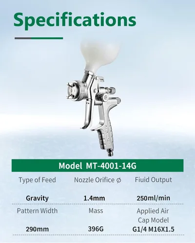 Vista 2 de meite Boquilla de 0.06 pulgadas, 30 PSI de alimentación por gravedad, diseño HVLP, pistola de pulverización de aire profesional - MT-4001-14G